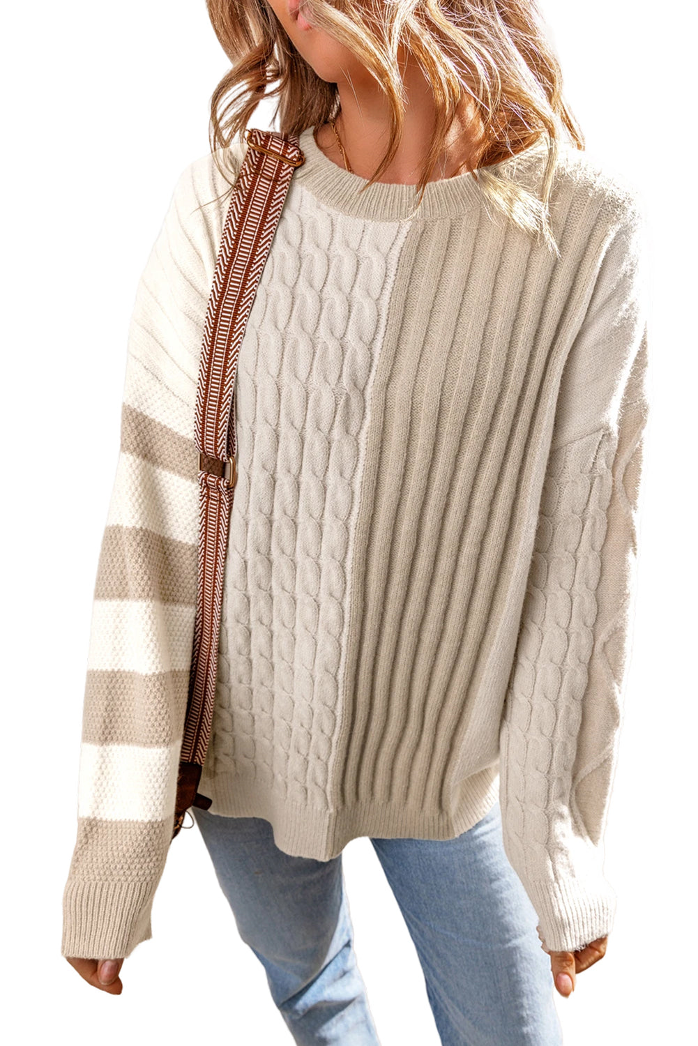 Khaki Cable Knit Colorblock Crew Neck Drop Shoulder Sweater