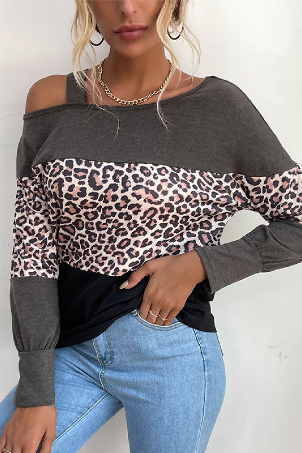 Perfee Leopard Print Color Block Cold  Shoulder Top