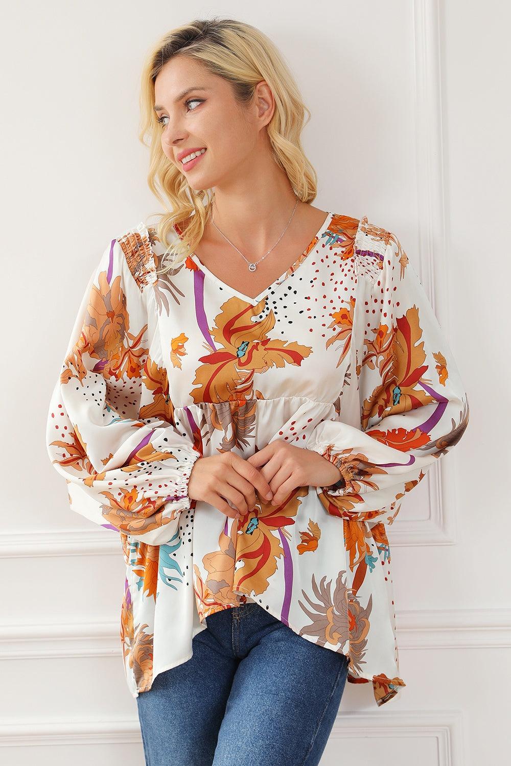 Printed V-Neck Smocked Balloon Sleeve Blouse - PD SECRET REALM