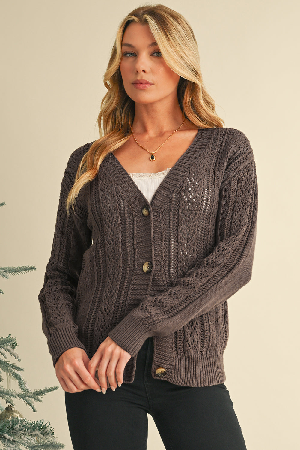 Green Hollow Knit Drop Shoulder Cardigan