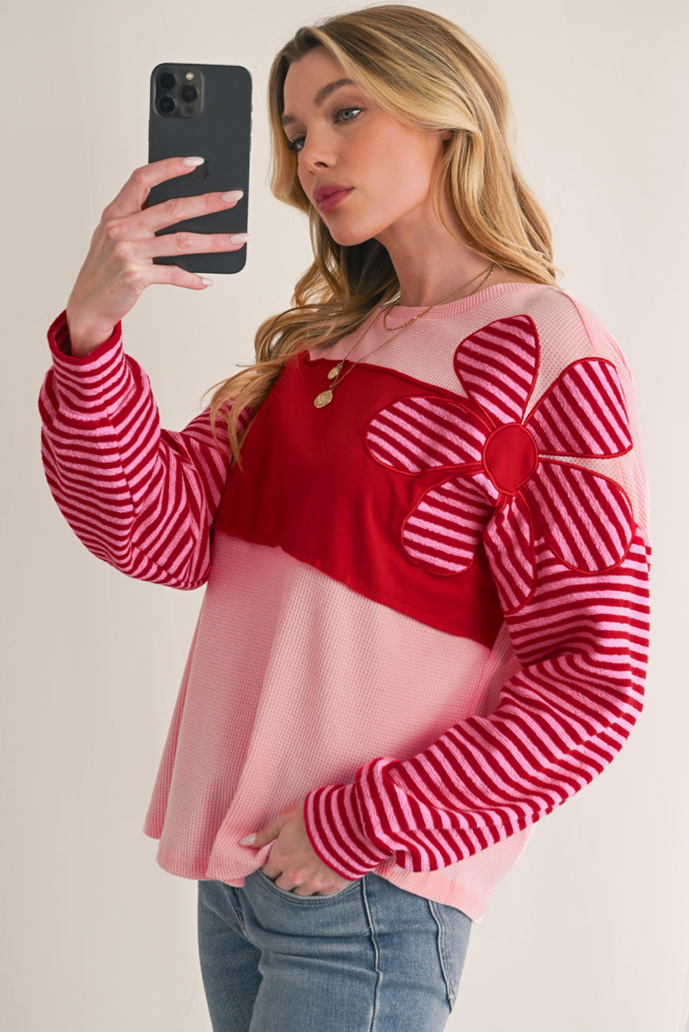 Pink Floral Colorblock Striped Sleeve Crinkle Waffle Patchwork Top