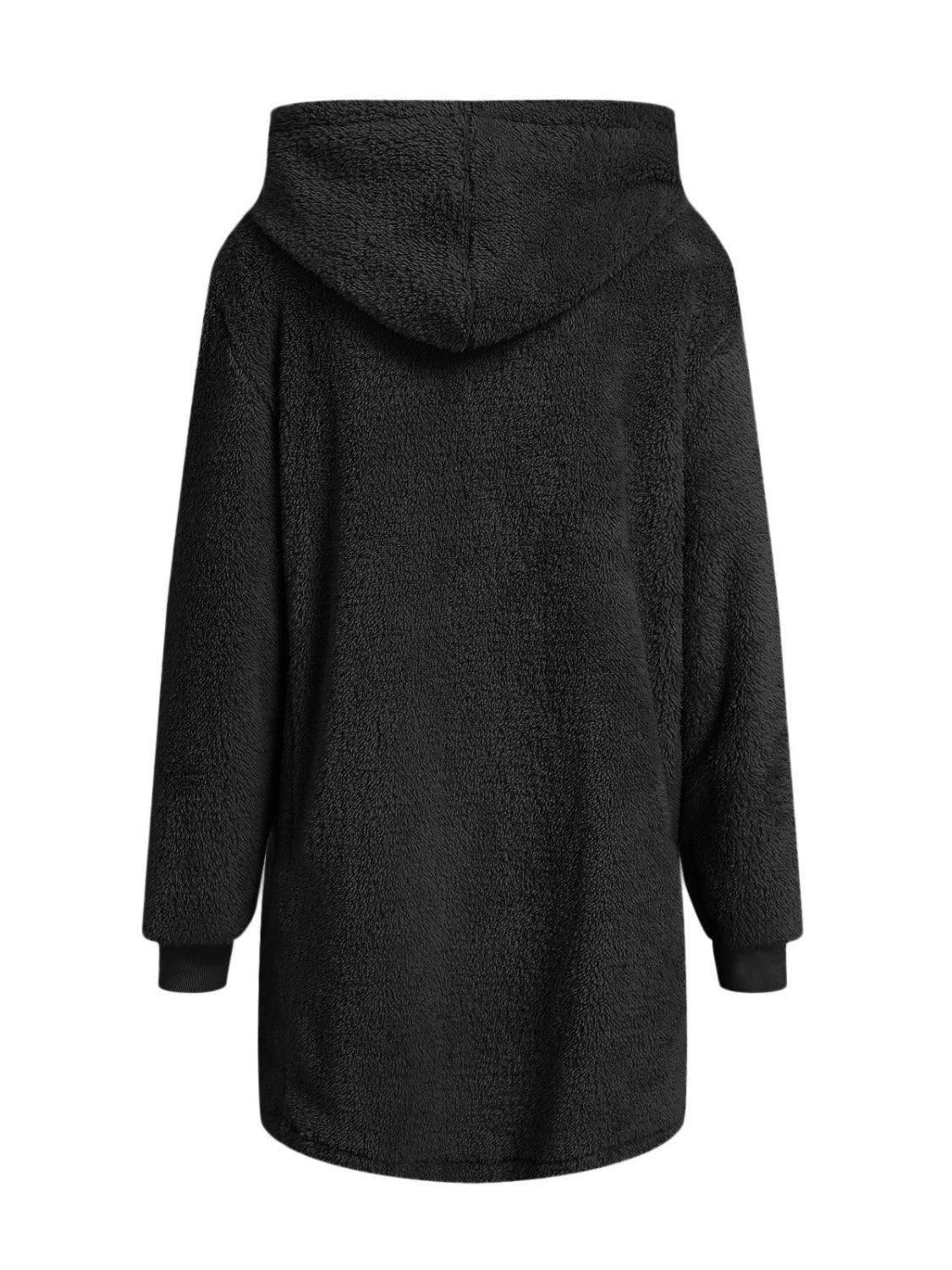 Fuzzy Pocketed Zip Up Long Sleeve Hooded Jacket - PD SECRET REALM