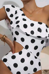 White Polka Dot Ruffled One Shoulder One Piece Swimwear