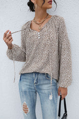 Perfee Leopard Print Tie Neck Blouse