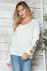 Crochet Flower V-Neck Sweater