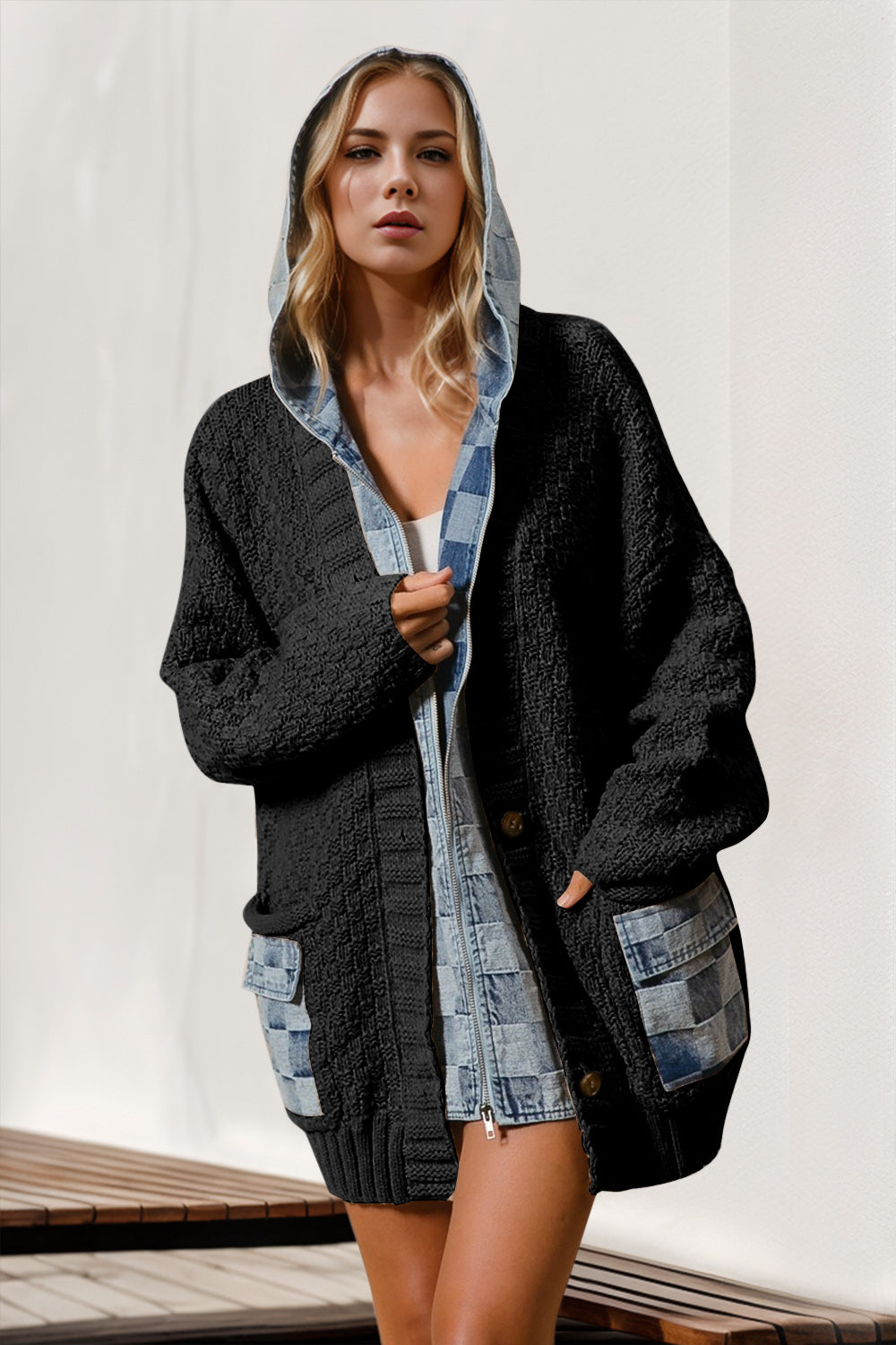 Full Size Hooded Denim Spliced Sweater Cardigan