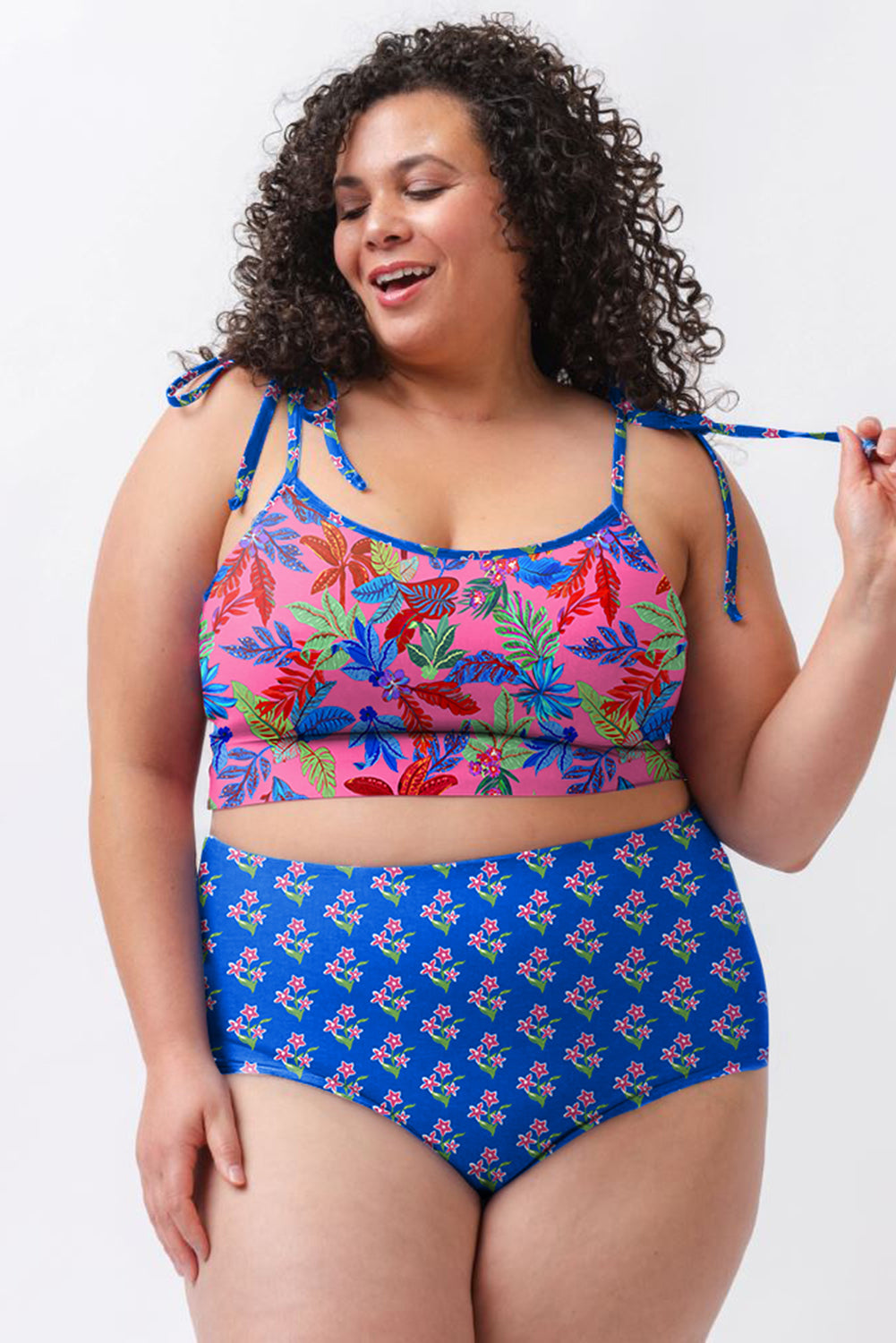 Blue Tropical Print Crop Cami and High Waist Plus Size Bikini Set