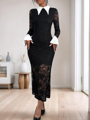 Perfee Lace Contrast Collared Neck Long Sleeve Midi Dress - PD SECRET REALM