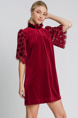 Dotted Lace Half Sleeve Mock Neck Back Tie Velvet Dress