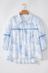 Sky Blue Floral 3/4 Sleeve Lace-up Collar Blouse