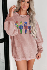 Pink Sequins Christmas Nutcracker Corded Baggy Graphic Sweatshirt