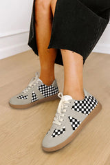 Black Checkerboard Patchwork Lace-up Flat Leatherette Shoes