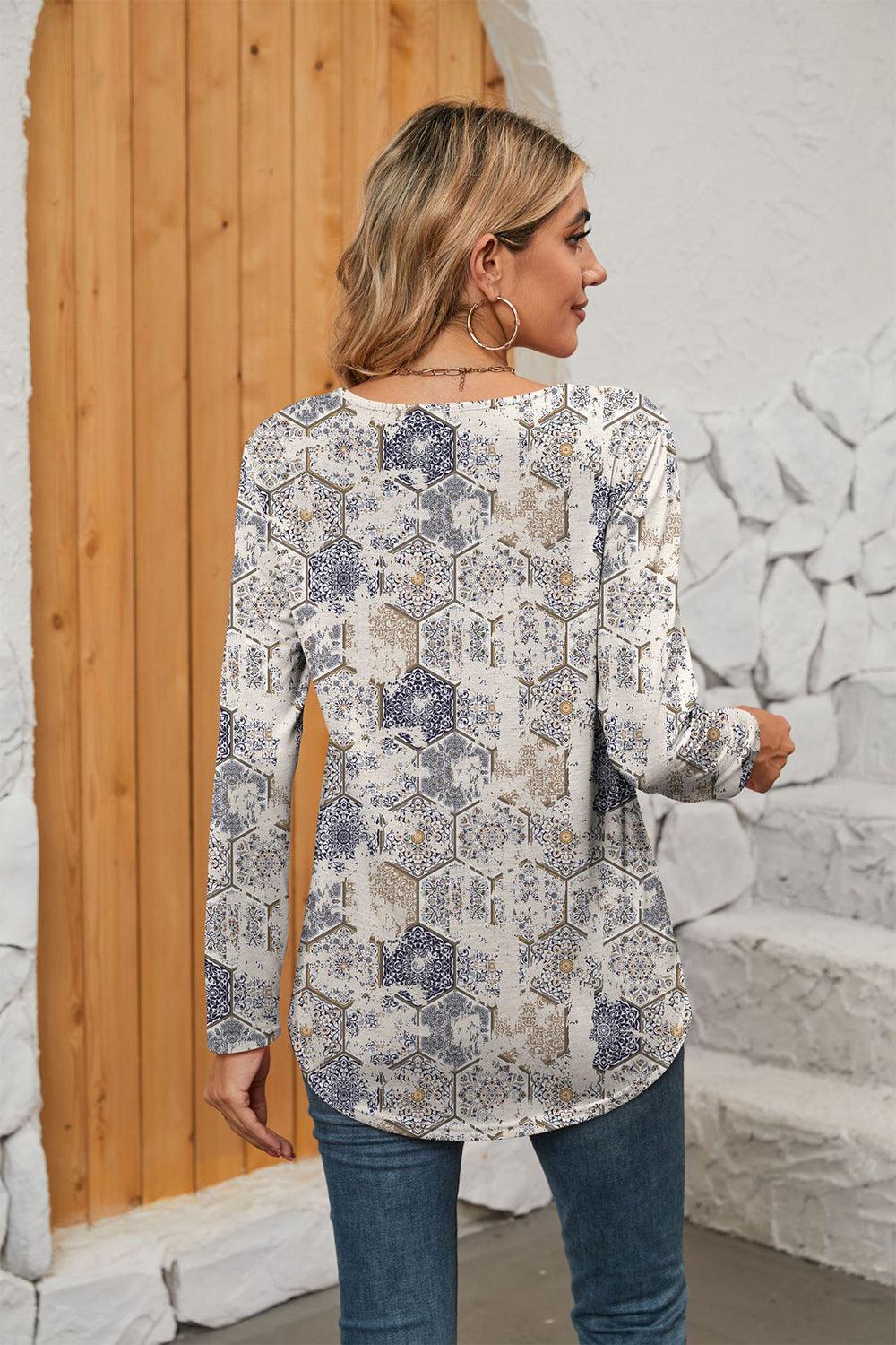 Printed Square Neck Long Sleeve Blouse - PD SECRET REALM