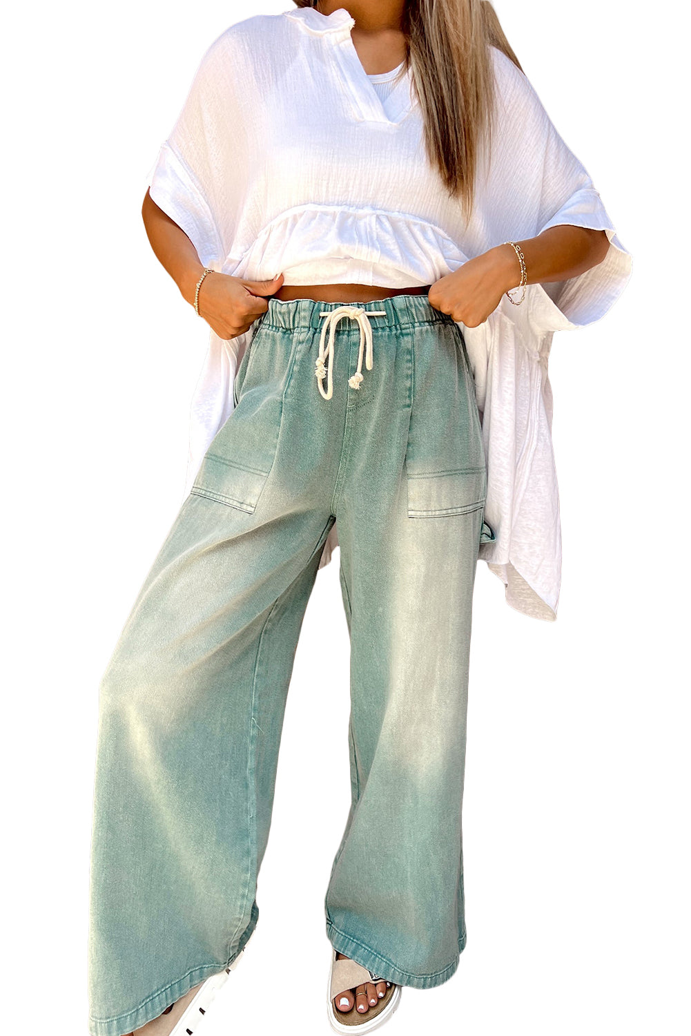 Smoke Green Mineral Wash Drawstring Wide Leg Jeans