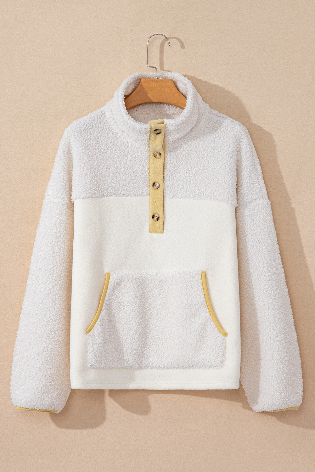 Beige Fleece Colorblock Trim Buttons Collar Sweatshirt with Pocket