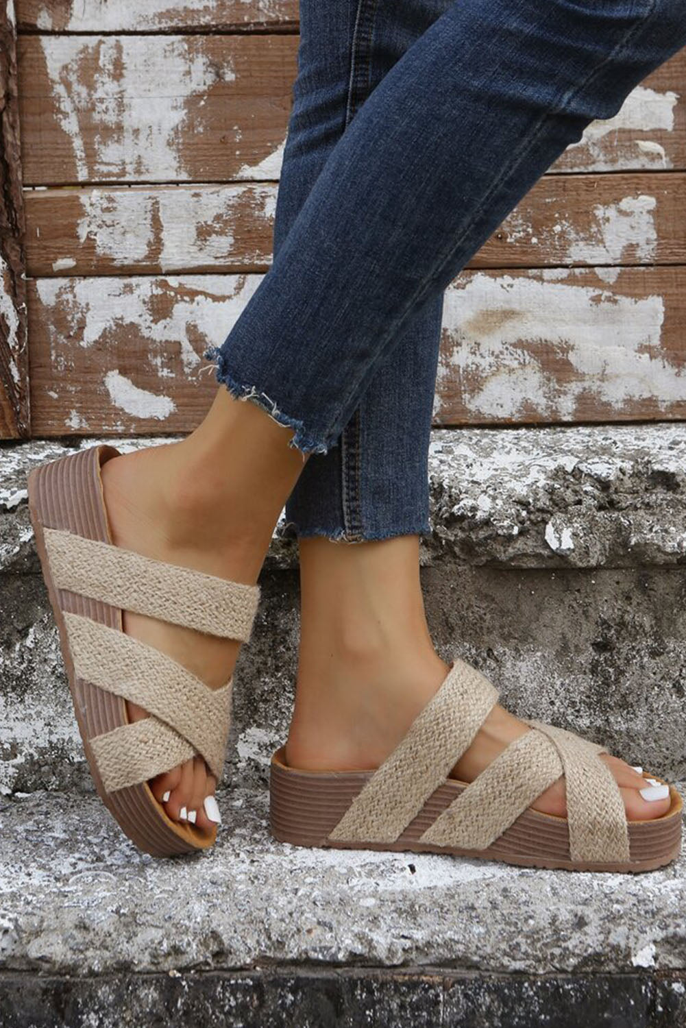 Beige Woven Criss Cross Strap Platform Slides Shoes