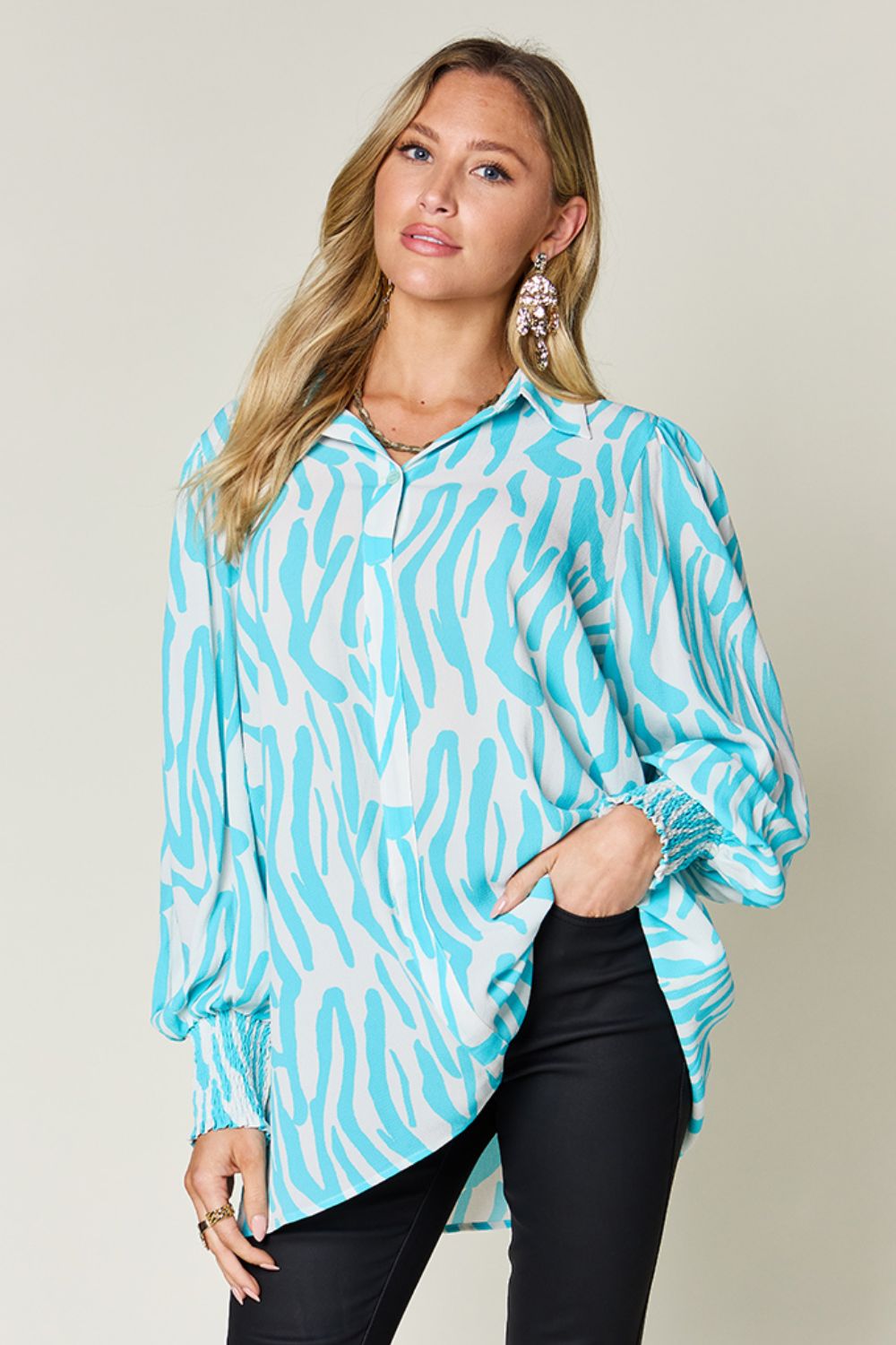 Full Size Printed Smocked Long Sleeve Blouse