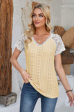 Eyelet V-Neck Lace Short Sleeve T-Shirt - PD SECRET REALM