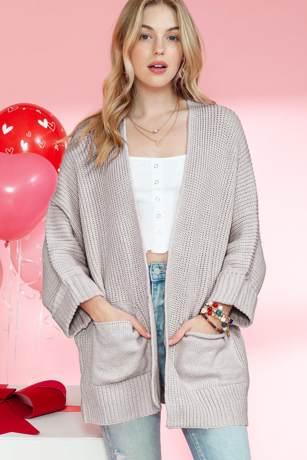 Pink Batwing Sleeve Pocket Oversized Cable Knit Cardigan