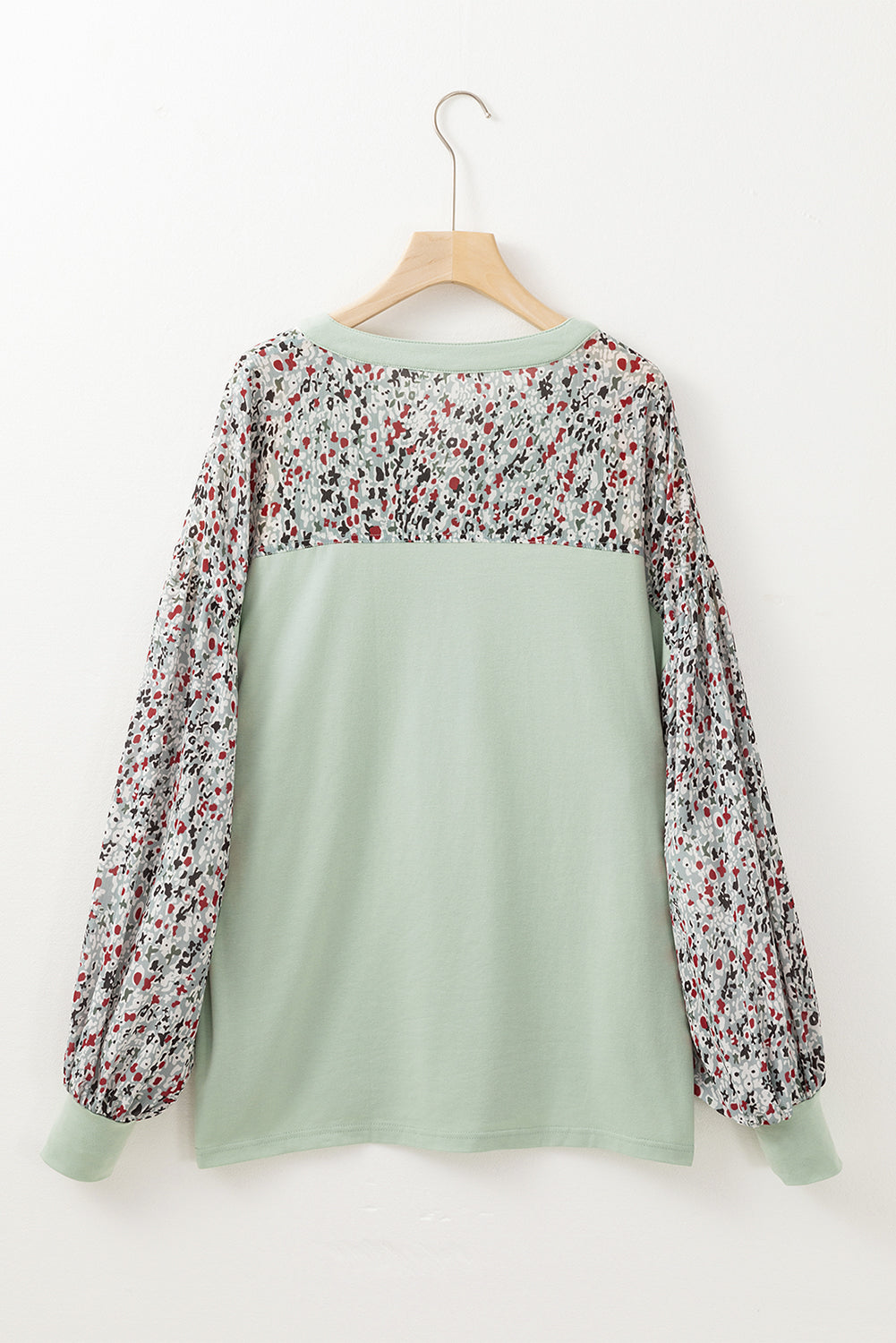 Meadow Mist Green Floral Print Bubble Sleeve Henley Loose Top