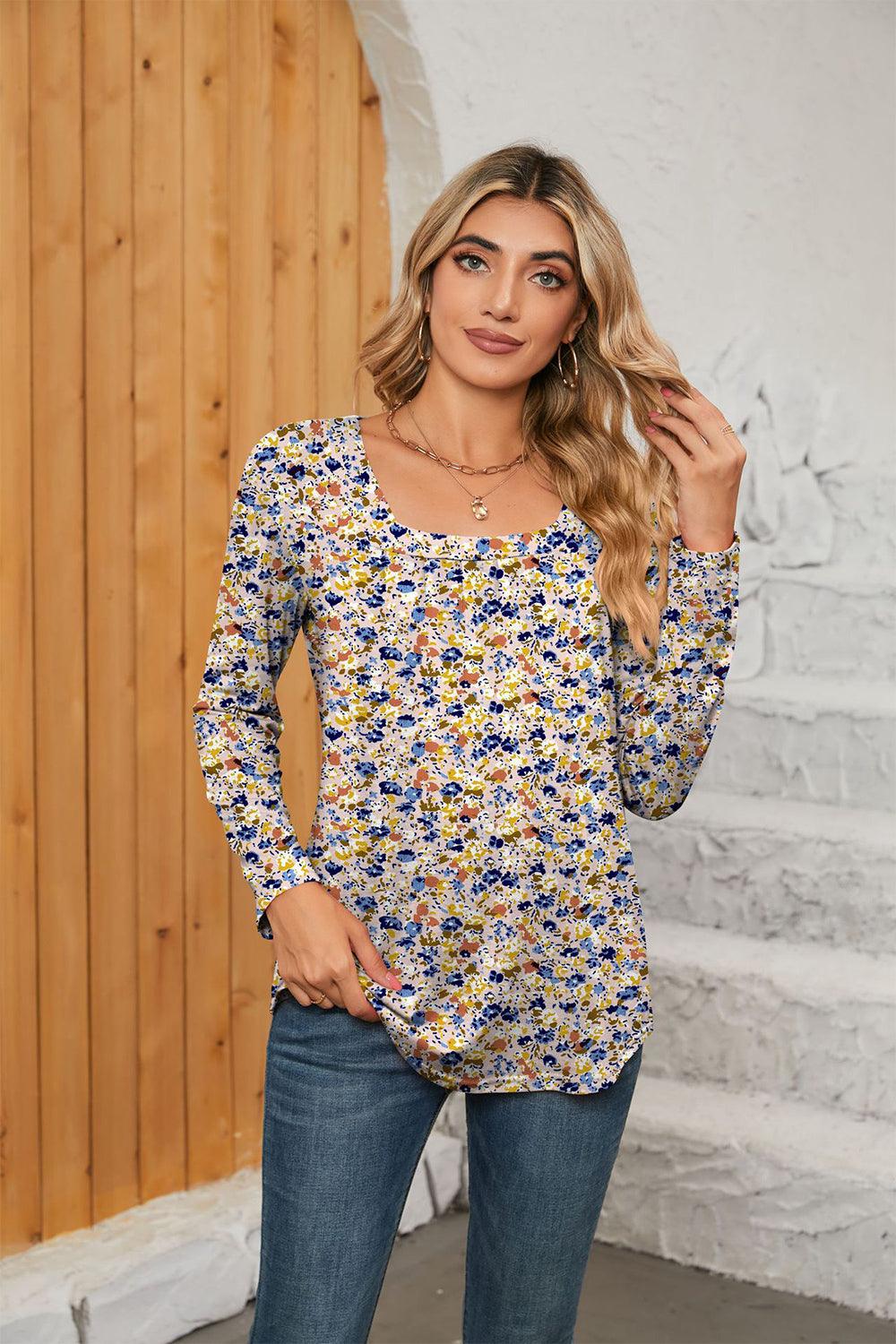 Printed Square Neck Long Sleeve Blouse - PD SECRET REALM