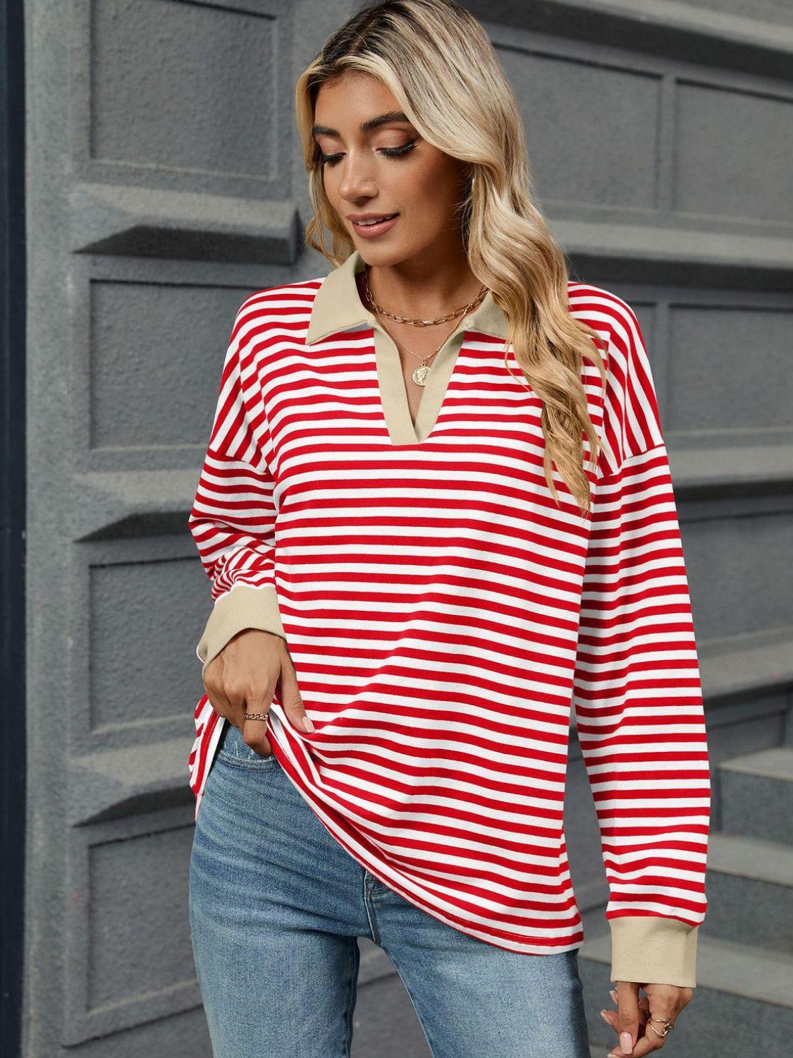 Striped Jnny Collar Long Sleeve Sweatshirt