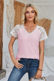 Eyelet V-Neck Lace Short Sleeve T-Shirt - PD SECRET REALM