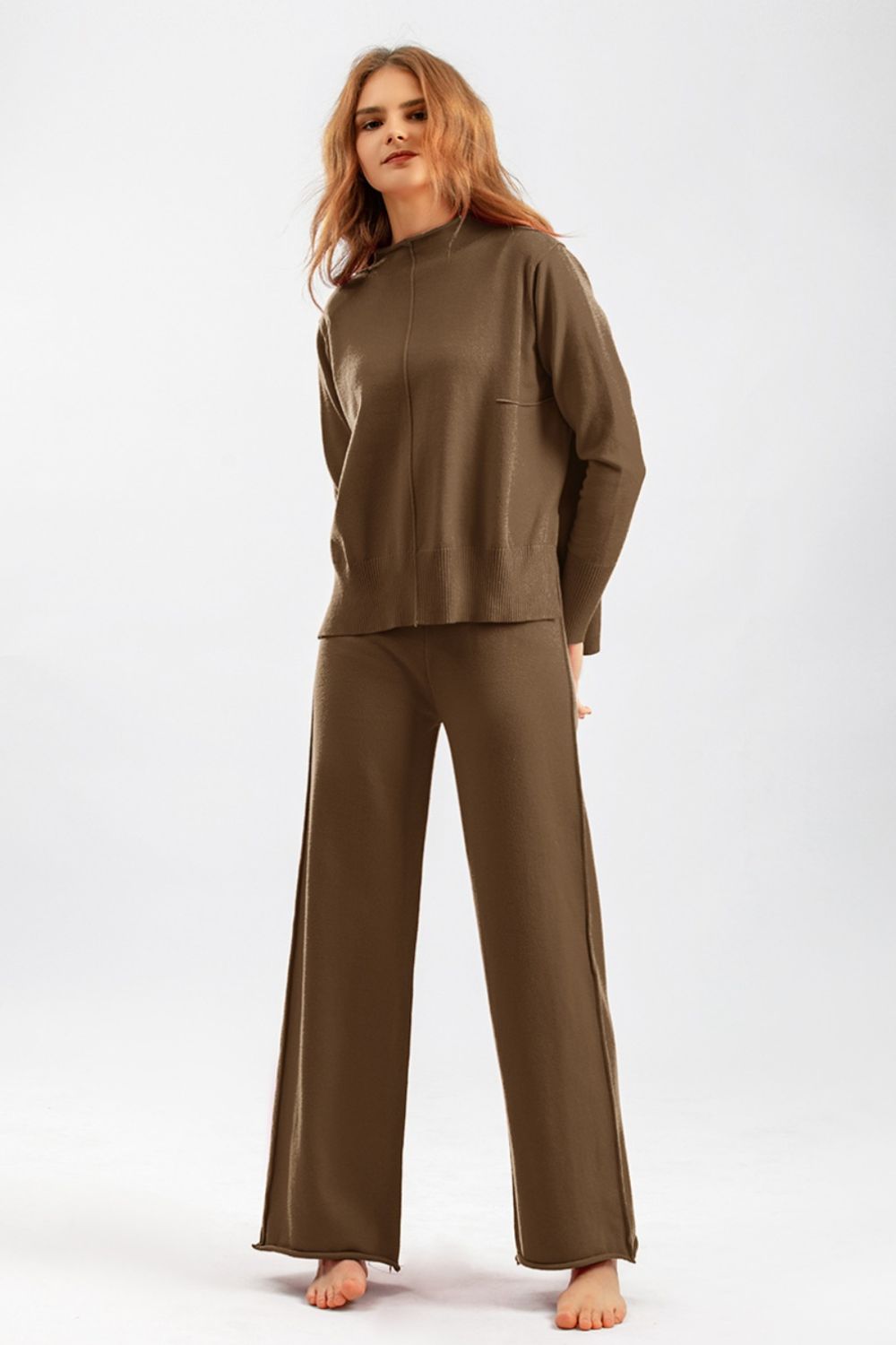 Mock Neck Long Sleeve Top and Pants Sweater Set