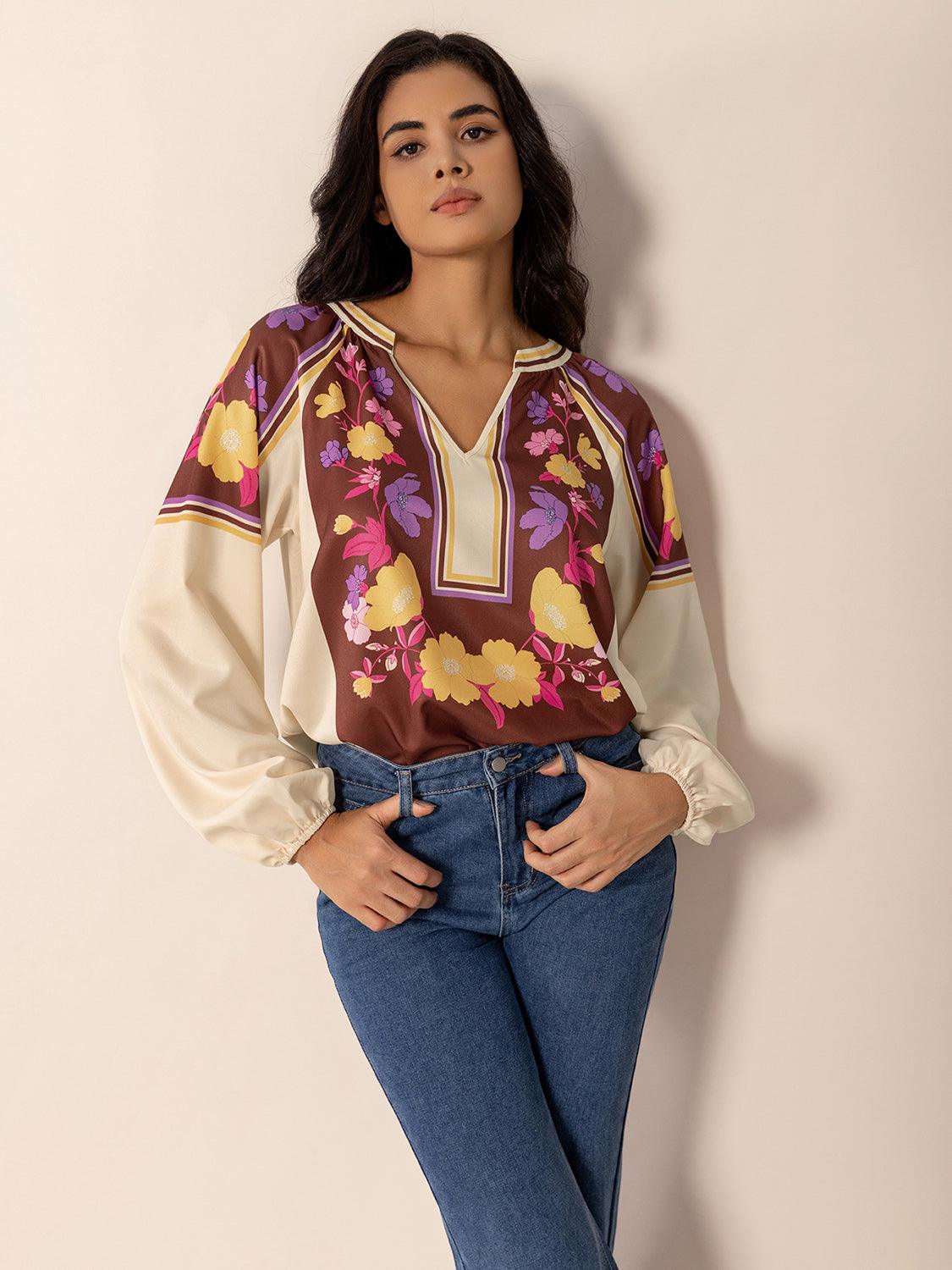 Printed Notched Long Sleeve Blouse - PD SECRET REALM