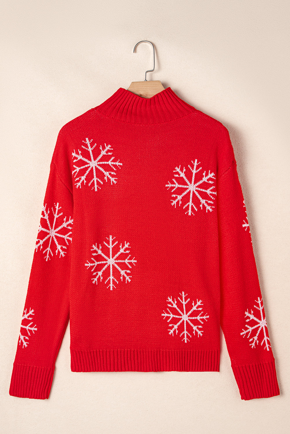 Fiery Red Christmas Snow Printed High Neck Sweater