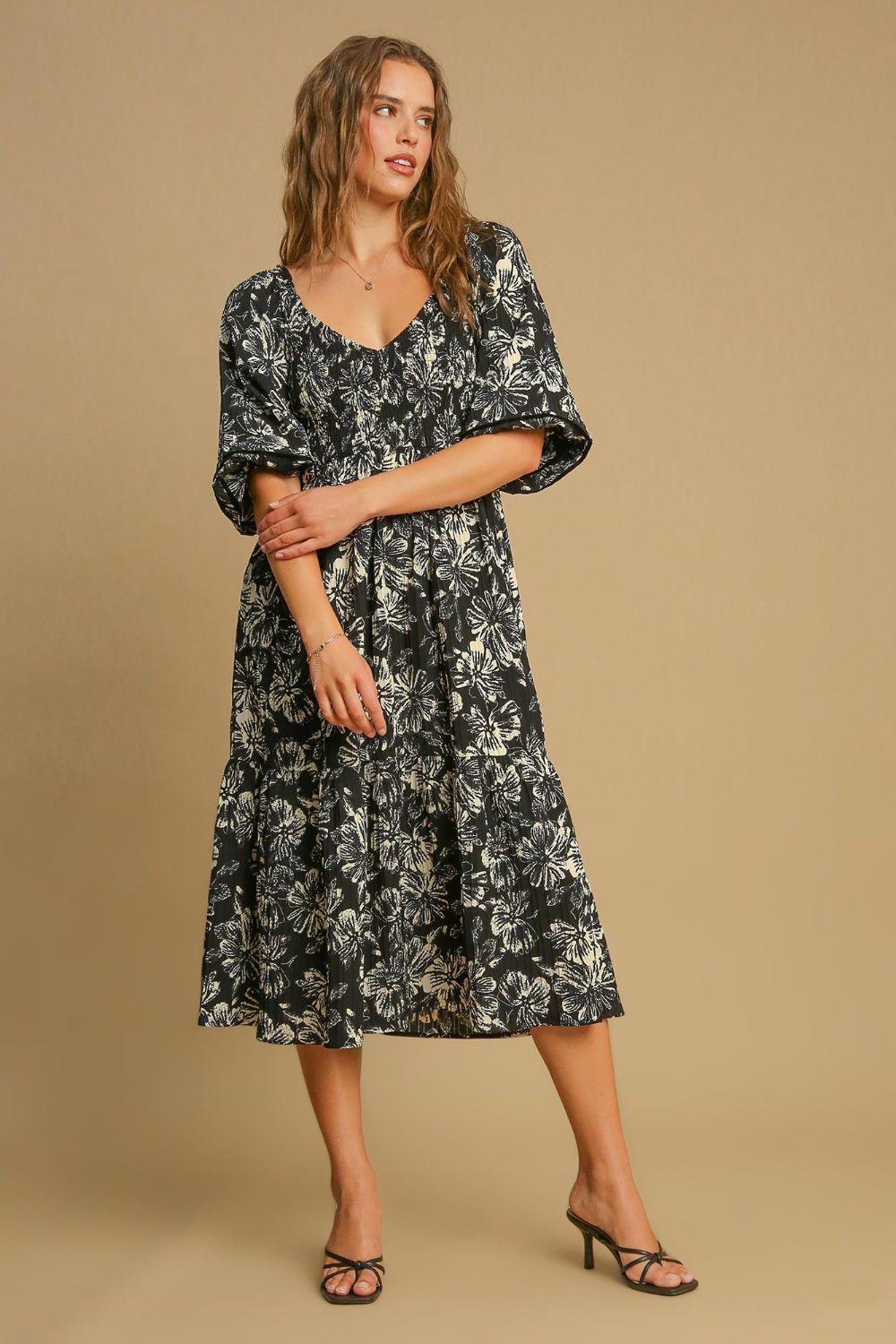 Ruffle Hem Flower Printed V-Neck Dress