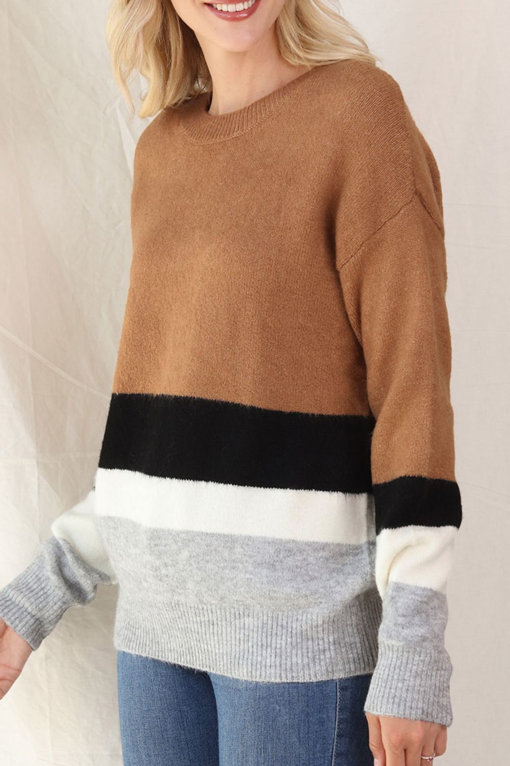 Color Block Round Neck Dropped Shoulder Sweater