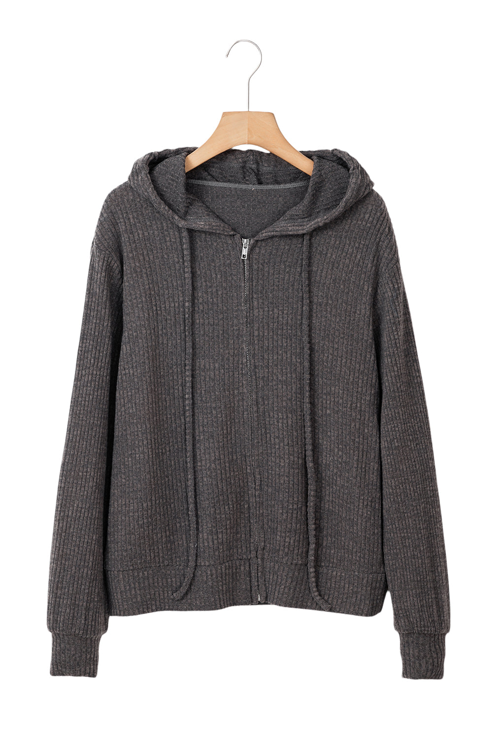 Dark Grey Ribbed Zip Front Drawstring Hoodie