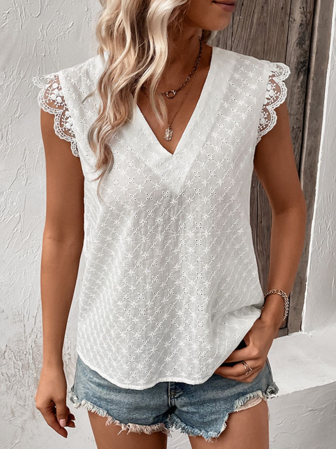 Perfee V-Neck Cap Sleeve Spliced Lace Top