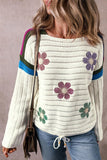 Flower Round Neck Long Sleeve Sweater - PD SECRET REALM