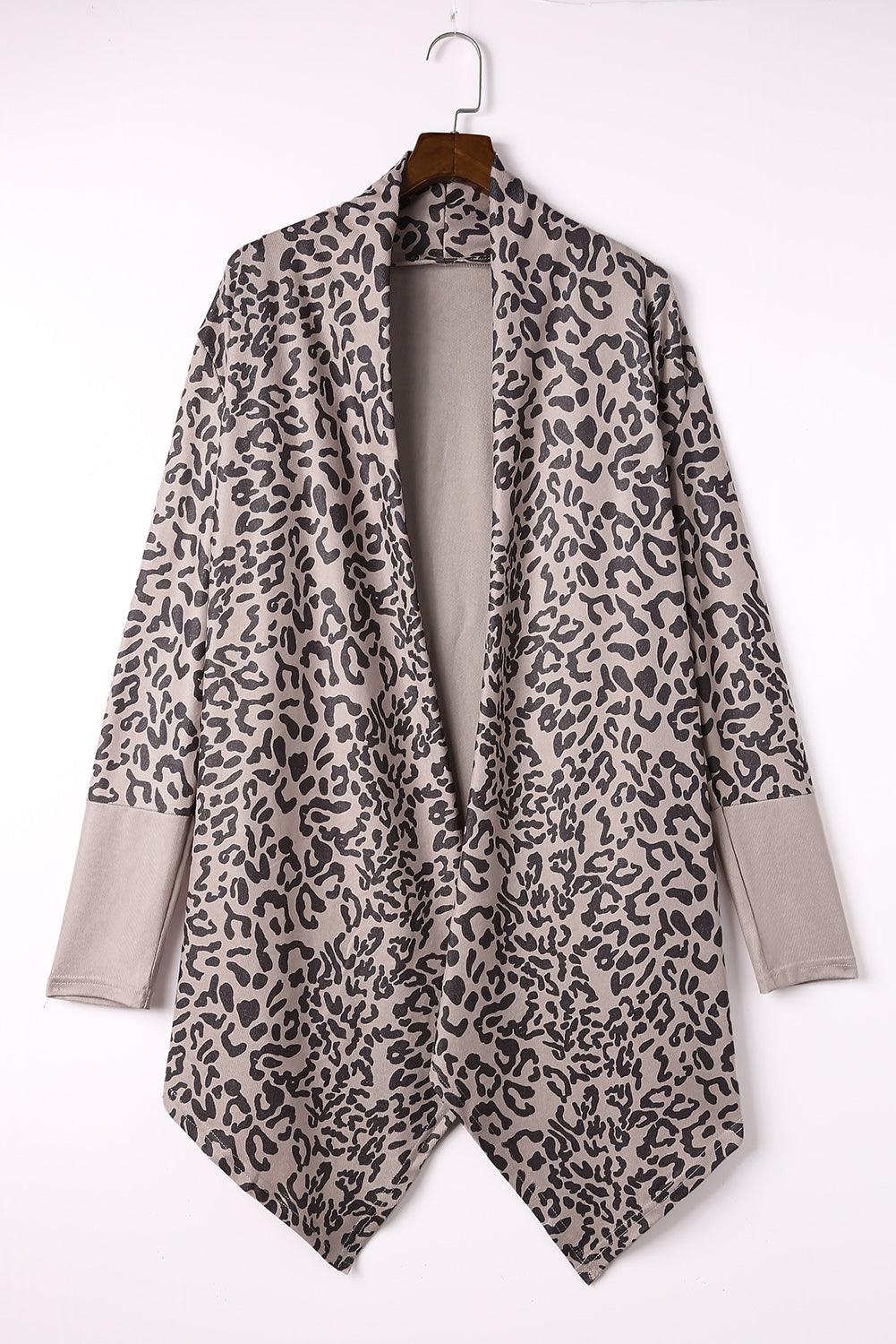 Cheetah Print Cowl Neck Open Front Long Cardigan