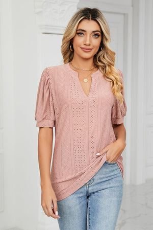 Eyelet Short Puff Sleeve Notched Neck Top - PD SECRET REALM