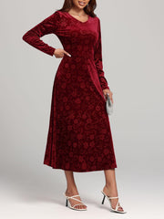 Flower Print V-Neck Long Sleeve Midi Dress