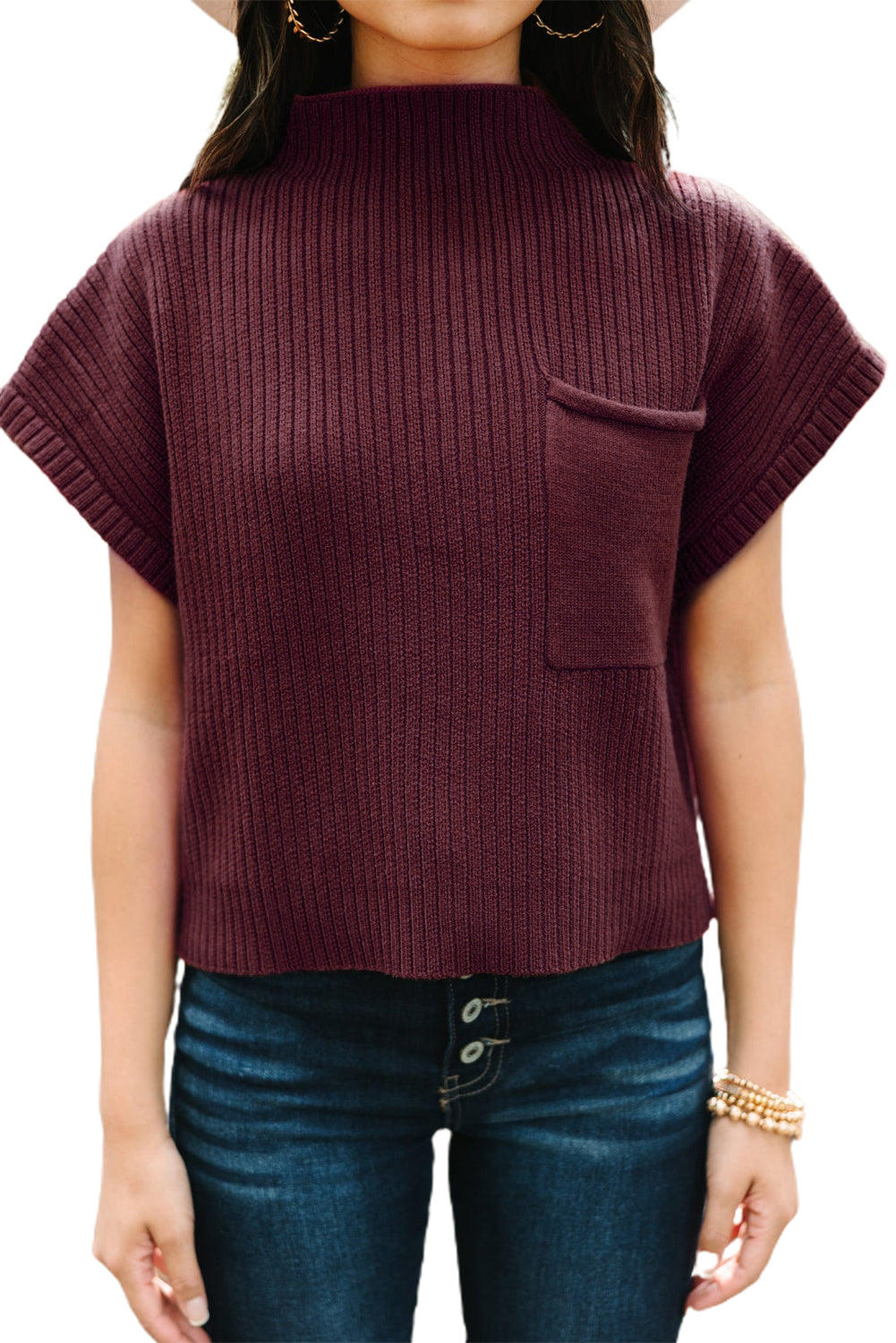 Mineral Red Patch Pocket Ribbed Knit Short Sleeve Sweater