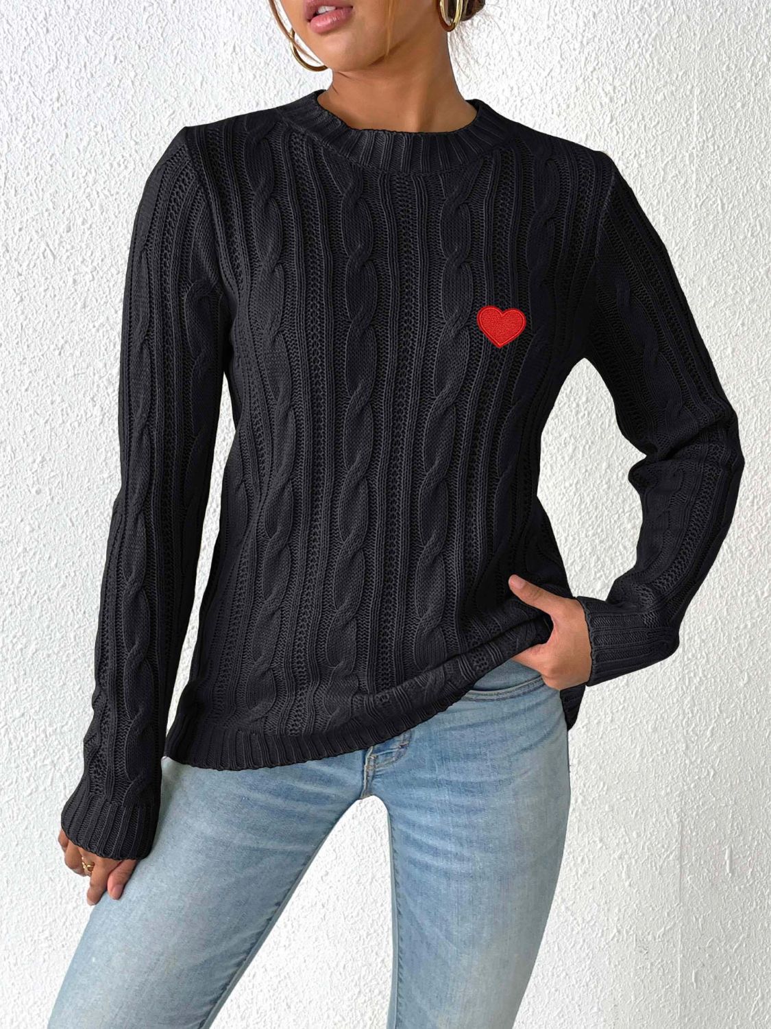 Cable-Knit Heart Round Neck Long Sleeve Sweater