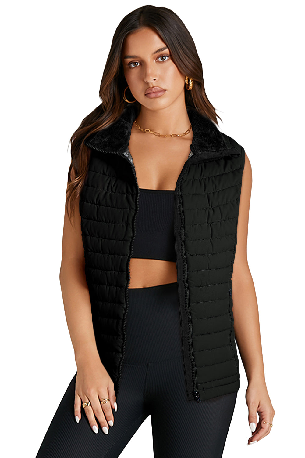 Burgundy Plush Collared Quilted Zipped Puffer Vest