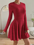 Ribbed Round Neck Long Sleeve Dress - PD SECRET REALM