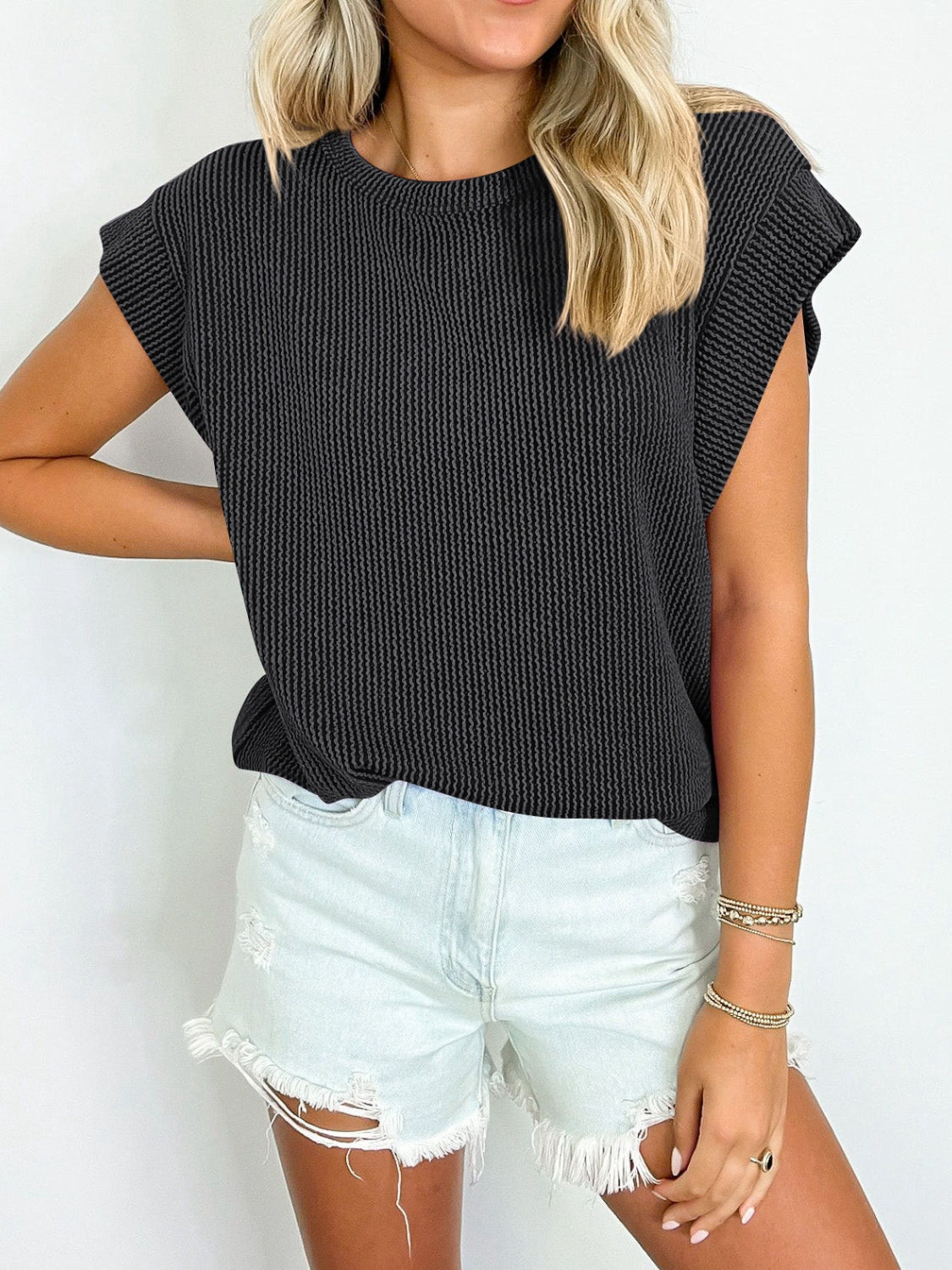 Lovelet Textured Round Neck Cap Sleeve Blouse