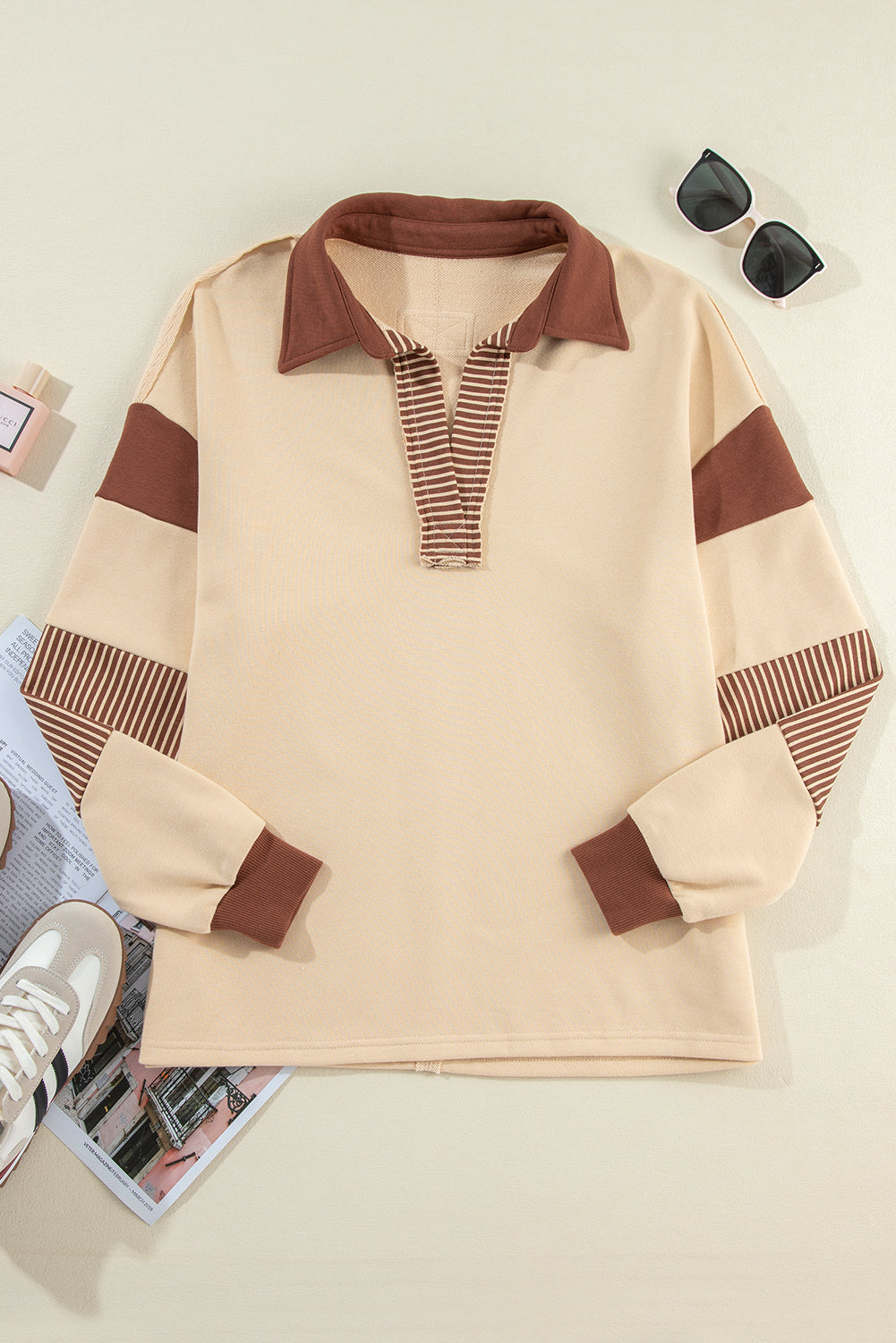 Sail Blue Striped Patchwork Collar Sweatshirt