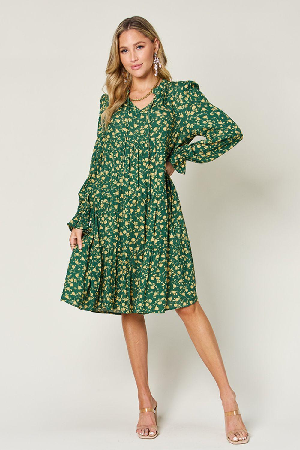 Full Size Printed Ruffle Hem Long Sleeve Tiered Dress