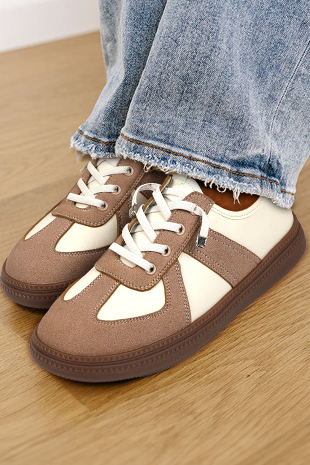 Camel 2 Tone Leatherette Patchwork Flat Lace Up Shoes