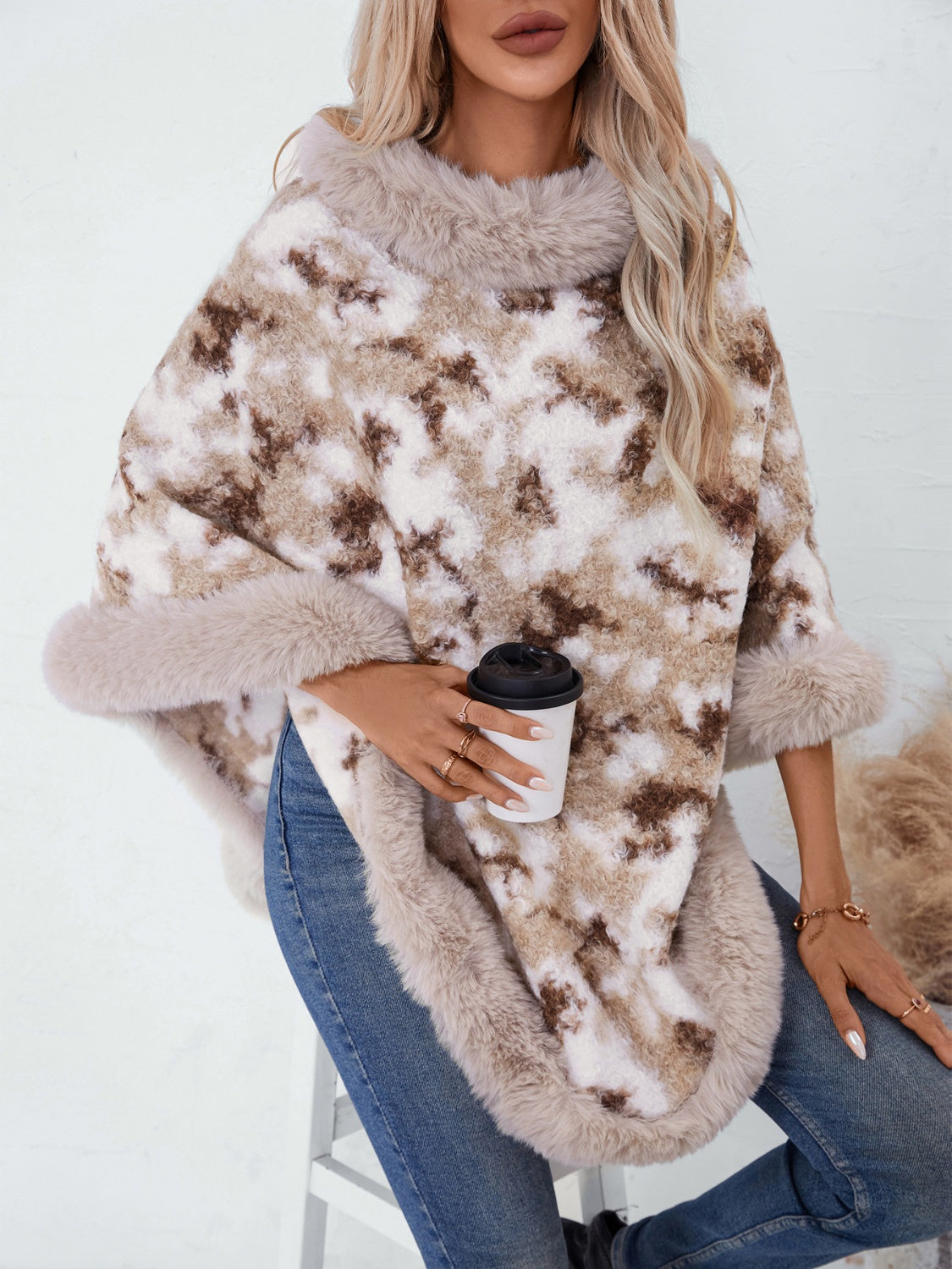 Furry Contrast Three-Quarter Poncho