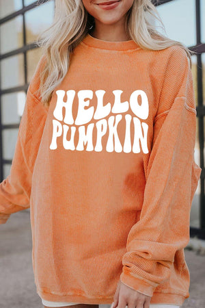 Round Neck Dropped Shoulder HELLO PUMPKIN Graphic Sweatshirt - PD SECRET REALM