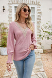 Eyelet V-Neck Smocked Flounce Sleeve Blouse - PD SECRET REALM