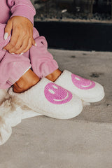 Pink Smile Face Print Non-slip Plush Home Slippers